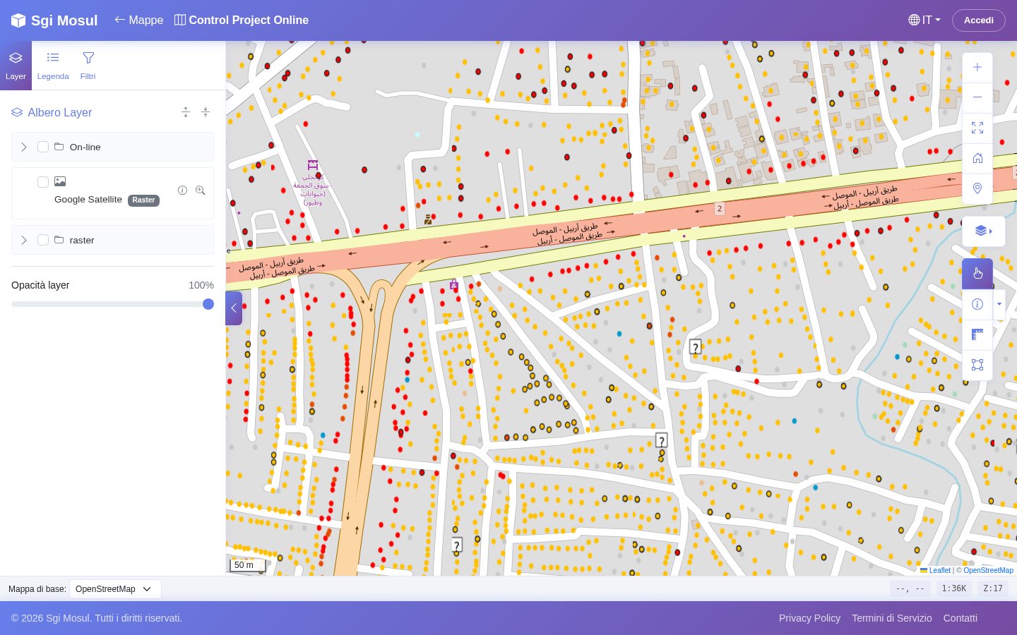 Viewer 2D su OpenStreetMap a scala di quartiere, con gli edifici rappresentati da punti gialli e rossi.