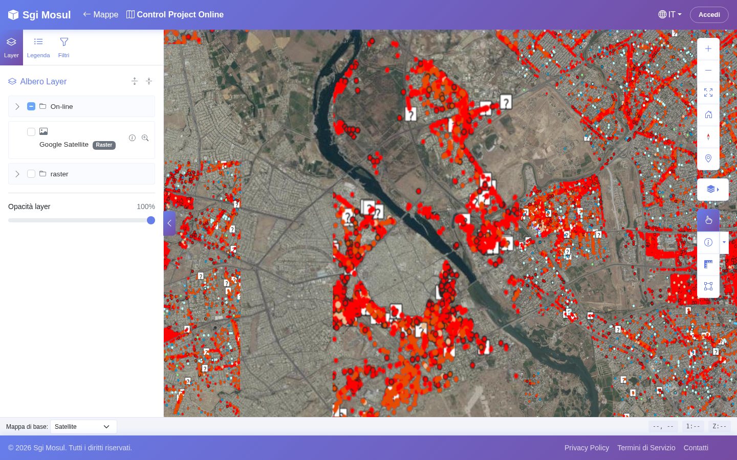 Viewer 3D che mostra l'intera città attraversata dal fiume, con i layer tematici sopra l'immagine satellitare.