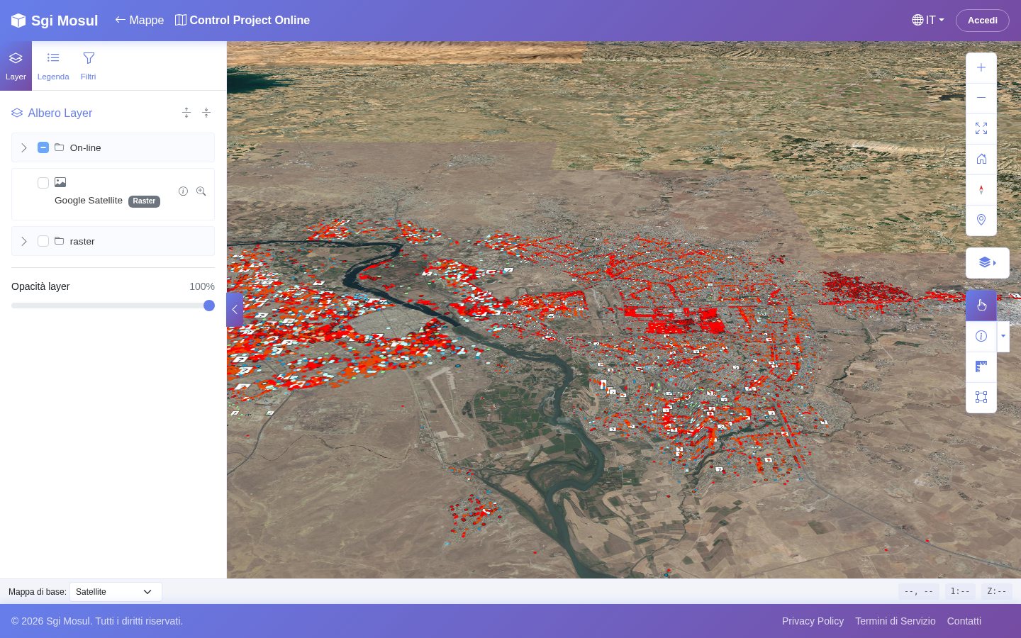 Il viewer 3D di GisDoc: una città vista in prospettiva su immagine satellitare, con i punti rilevati colorati per tema e il pannello dei layer a sinistra.
